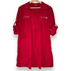 Chicos 1 Black Label Tunic Blouse Womens M 8 Zip Pocket Hi-Low Roll Tab‎ Sleeve